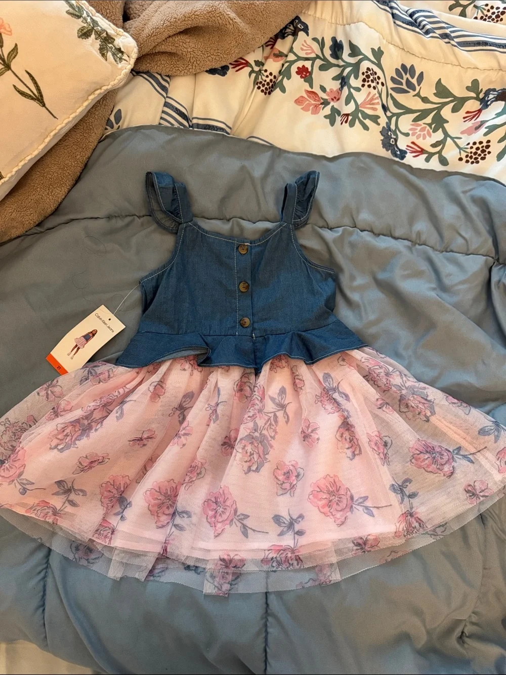 Calvin Klein Blue Denim Bodice with Pink Floral Tulle Dress